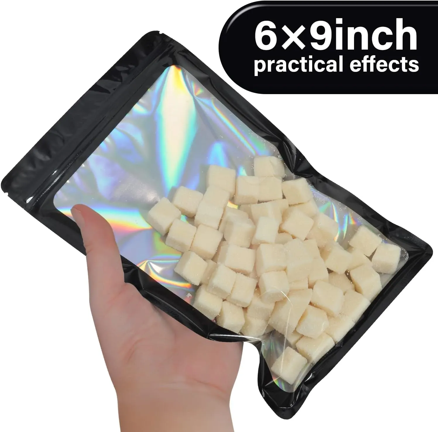 100-Pack 6×9 Inch Mylar Bags Holographic Resealable Sealable Packaging Zip Bag Small Bussiness Jewelry Candy Sample Food Packing Supplies,Black