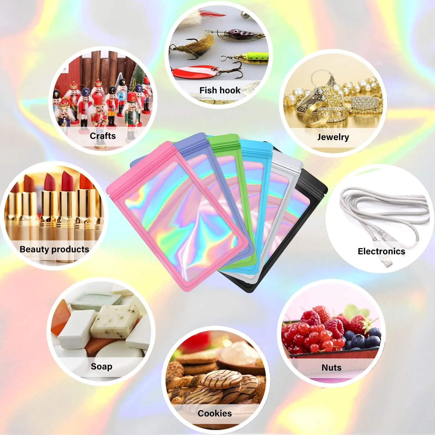 100-Pack 6×9 Inch Mylar Bags Holographic Resealable Sealable Packaging Zip Bag Small Bussiness Jewelry Candy Sample Food Packing Supplies,Black