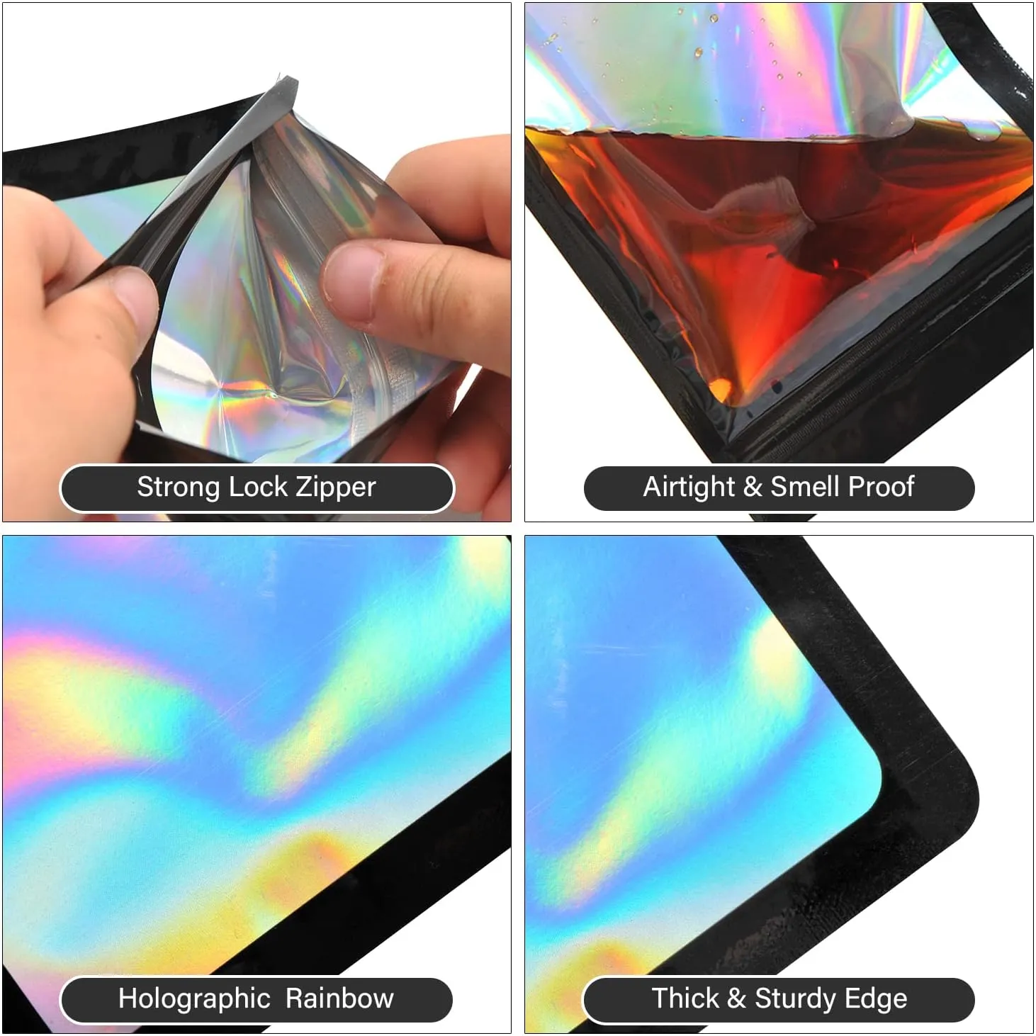 100-Pack 6×9 Inch Mylar Bags Holographic Resealable Sealable Packaging Zip Bag Small Bussiness Jewelry Candy Sample Food Packing Supplies,Black