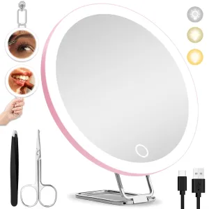 10X Magnifying Mirror with Lights, 6inch Makeup Magnified Mirror 10x Lighted Travel Magnification with 3 Suction Cups and 360° Adjustable Stand - Includes Tweezers & Scissors
