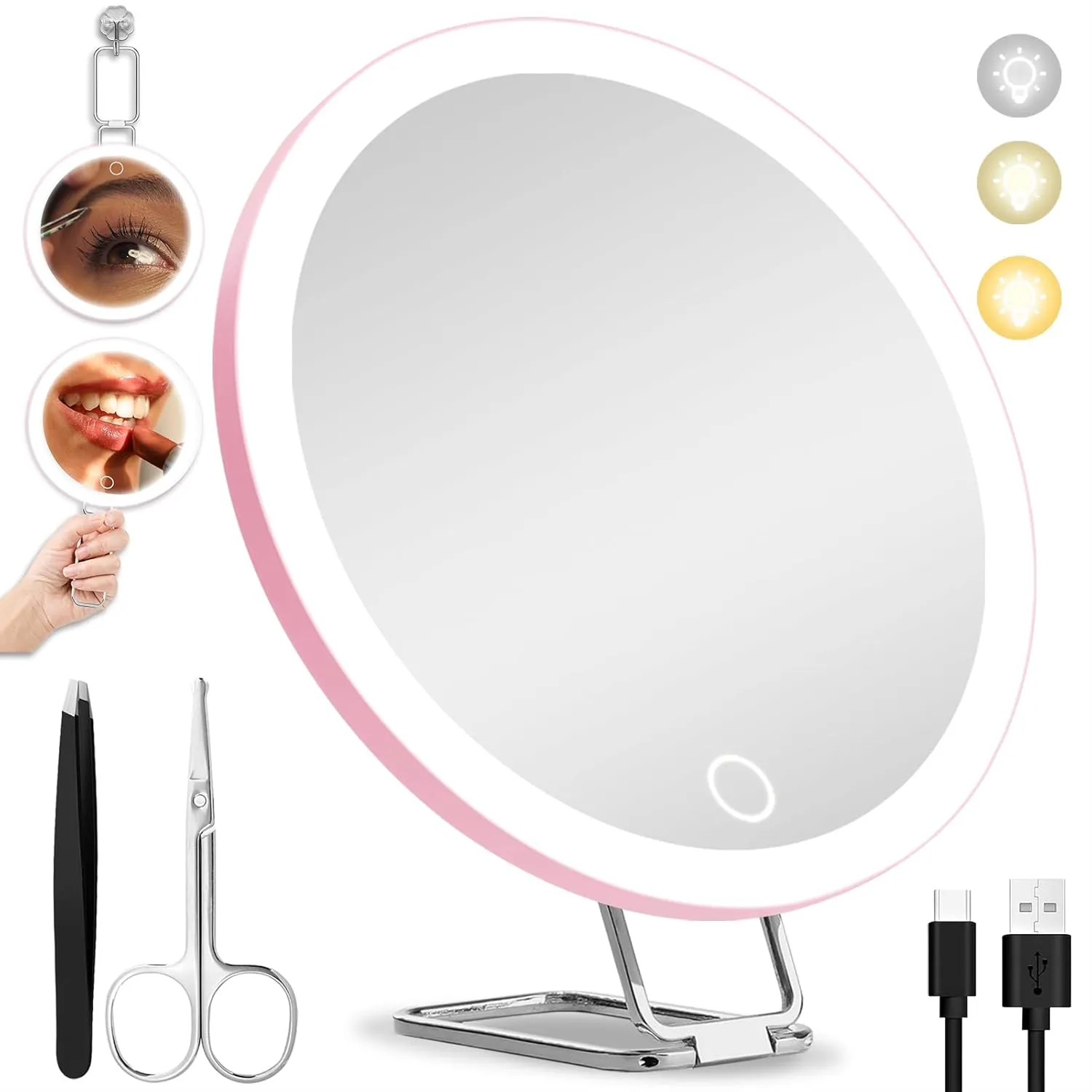 10X Magnifying Mirror with Lights, 6inch Makeup Magnified Mirror 10x Lighted Travel Magnification with 3 Suction Cups and 360° Adjustable Stand - Includes Tweezers & Scissors