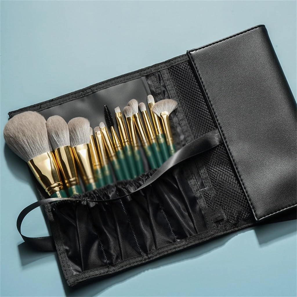 13pcs Long Pole Wooden Handle Makeup Brush Set Loose Powder Blush Highlighter Lip & Eyebrow Set