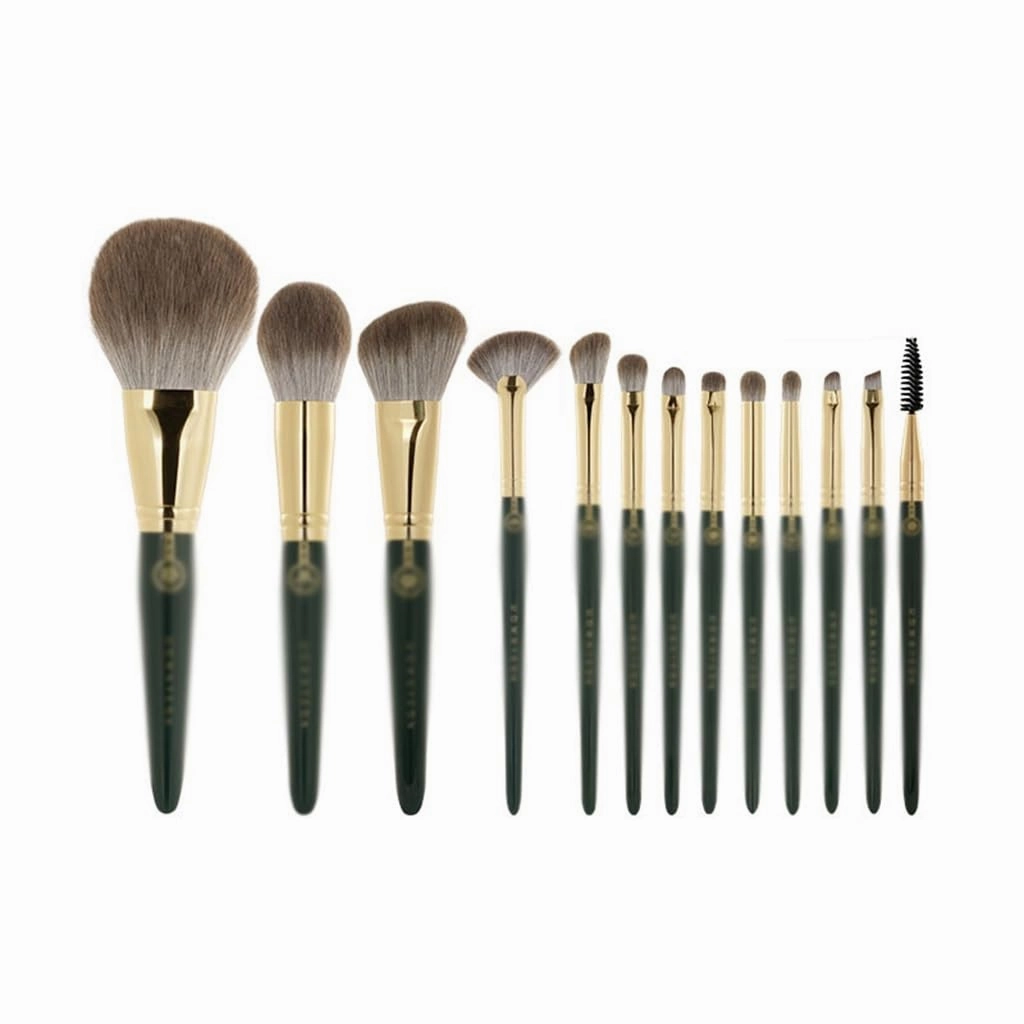13pcs Long Pole Wooden Handle Makeup Brush Set Loose Powder Blush Highlighter Lip & Eyebrow Set