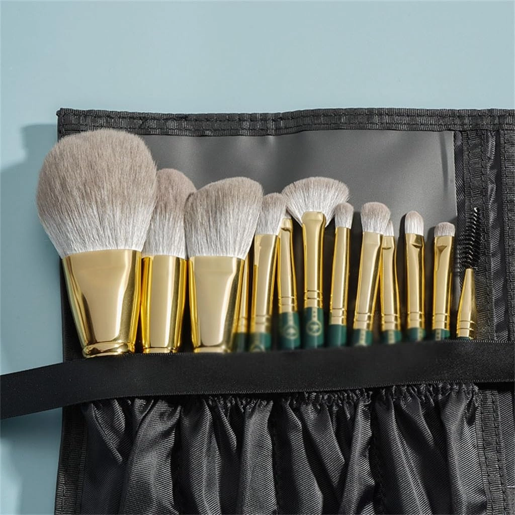 13pcs Long Pole Wooden Handle Makeup Brush Set Loose Powder Blush Highlighter Lip & Eyebrow Set