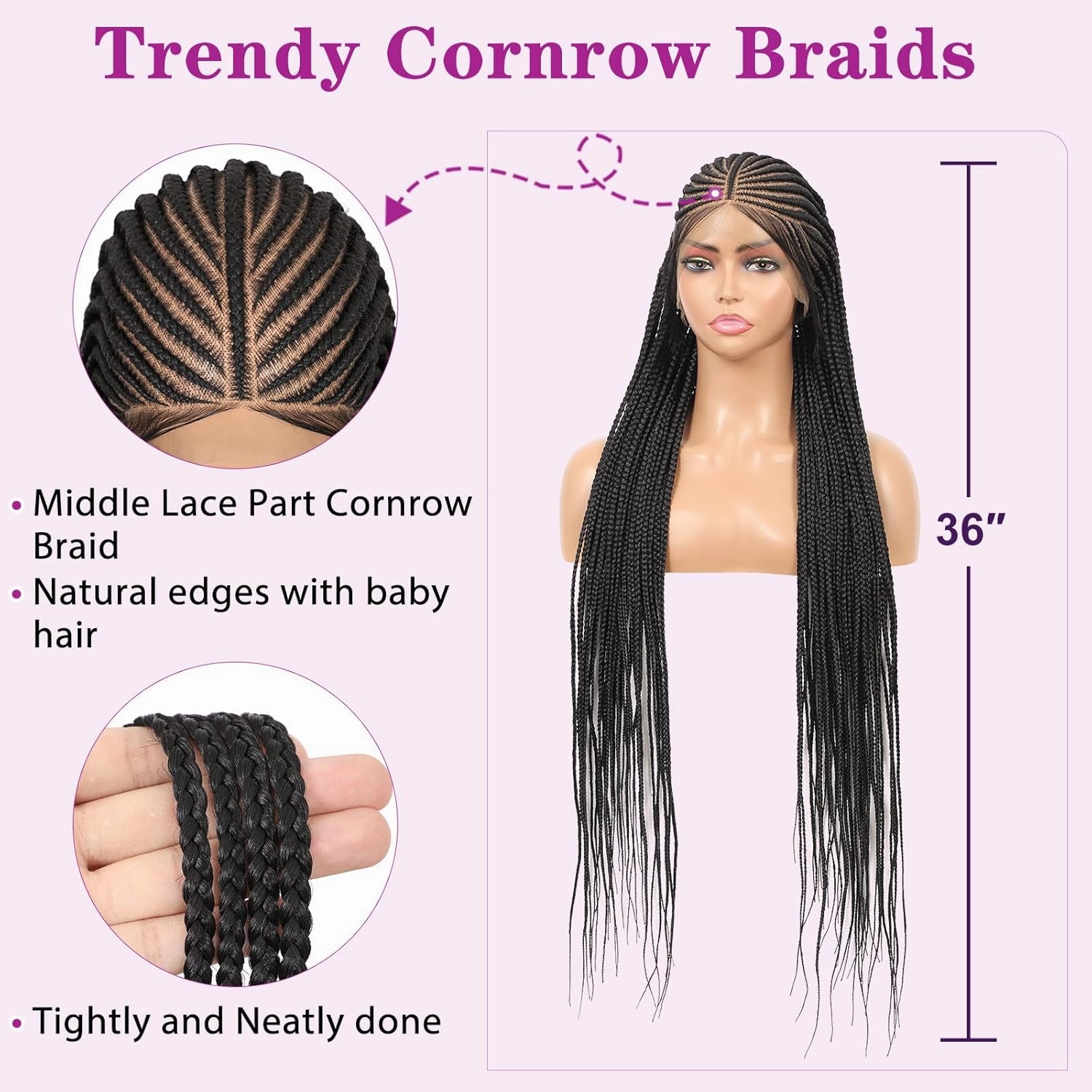 13X8 HD Lace Front Braided Wigs for Women Cornrow Braided Wigs Box Braid Lace Wig with Baby Hair Middle Part Premium Synthetic Lace Frontal Braids Wig 36 Inch Black