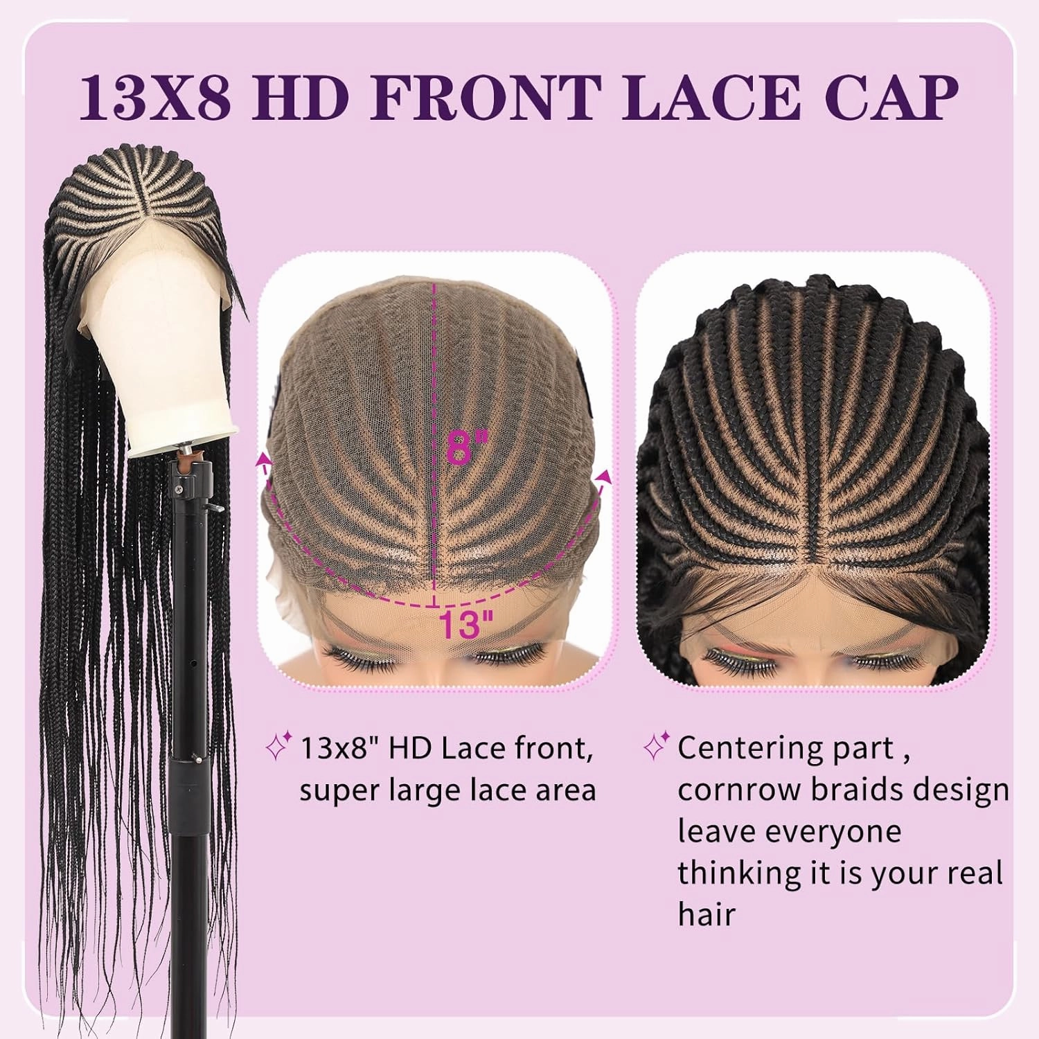13X8 HD Lace Front Braided Wigs for Women Cornrow Braided Wigs Box Braid Lace Wig with Baby Hair Middle Part Premium Synthetic Lace Frontal Braids Wig 36 Inch Black
