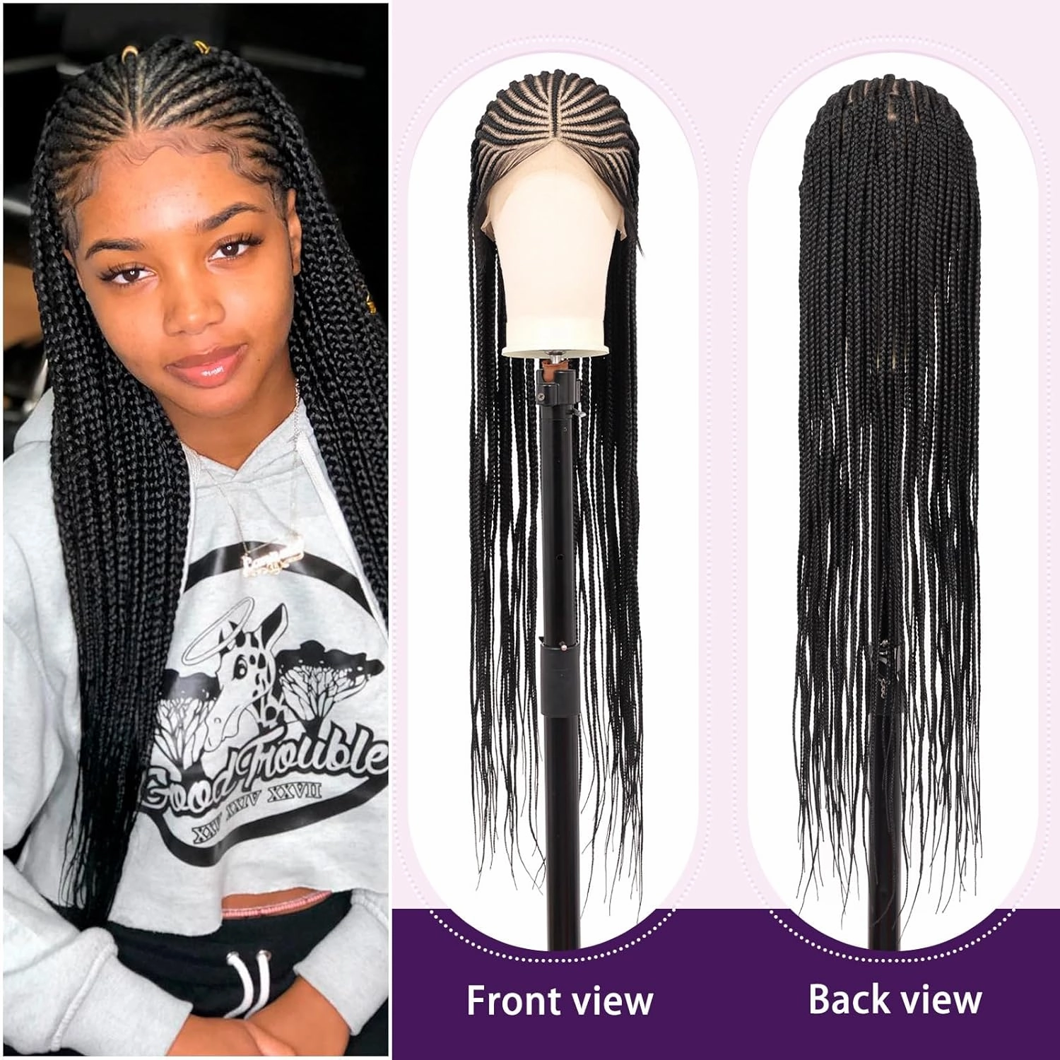 13X8 HD Lace Front Braided Wigs for Women Cornrow Braided Wigs Box Braid Lace Wig with Baby Hair Middle Part Premium Synthetic Lace Frontal Braids Wig 36 Inch Black