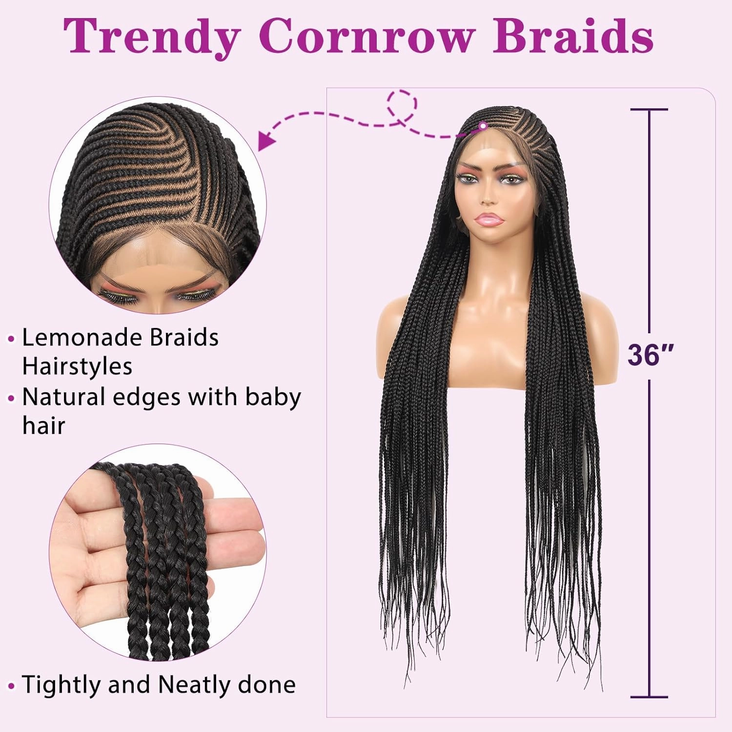 13X8 HD Lace Front Cornrow Braided Wigs Leomonde Box Braid Wig with Baby Hair 36 inch Long Black Braided Hair Wig for Women