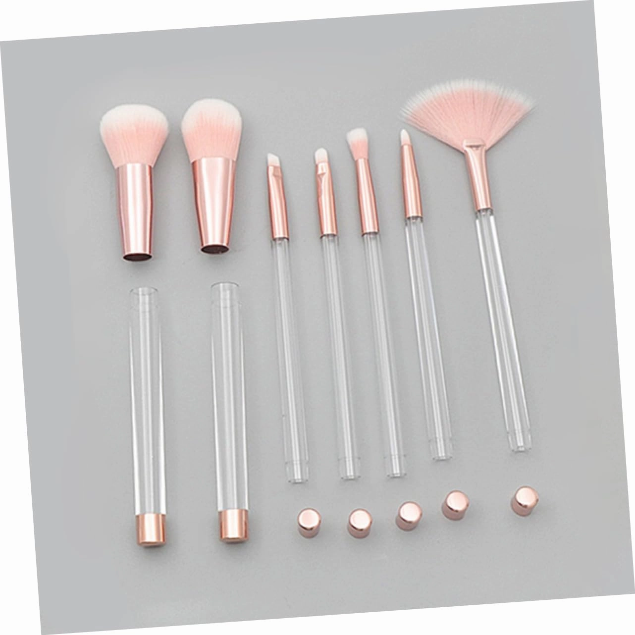 14pcs Transparent Crystal Makeup Brush Set Cosmetic Sand Brushes with Empty Handle Rose Gold Tube Bottom for Women Daily and Professional Makeup Applications