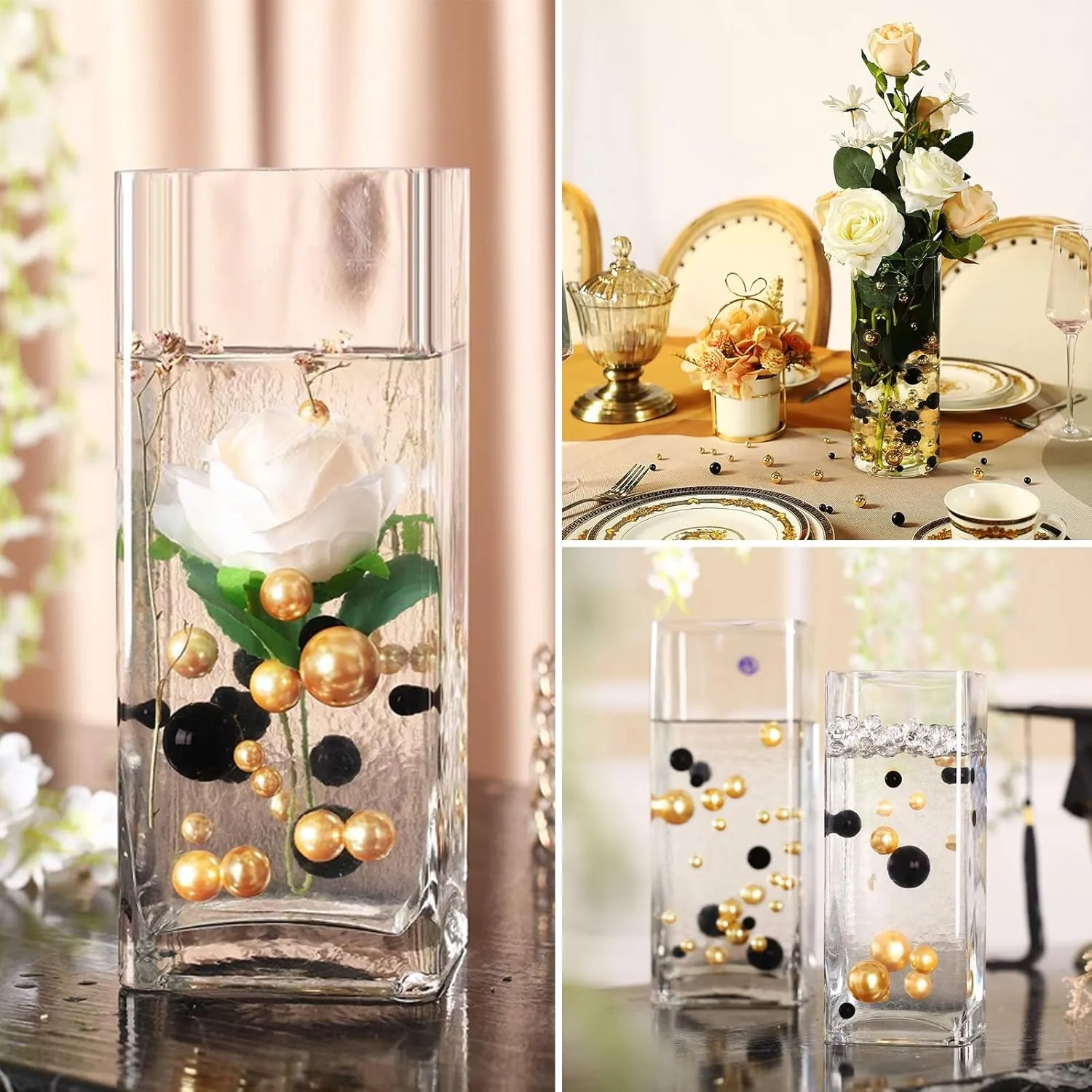 200 PCS Black Gold Vase Fillers, Pearls Bead for Centerpieces Vases, 10/14/20 MM No Hole Beads, Fake Pearls for Wedding Birthday Anniversary Theme Party Table Centerpieces Decor