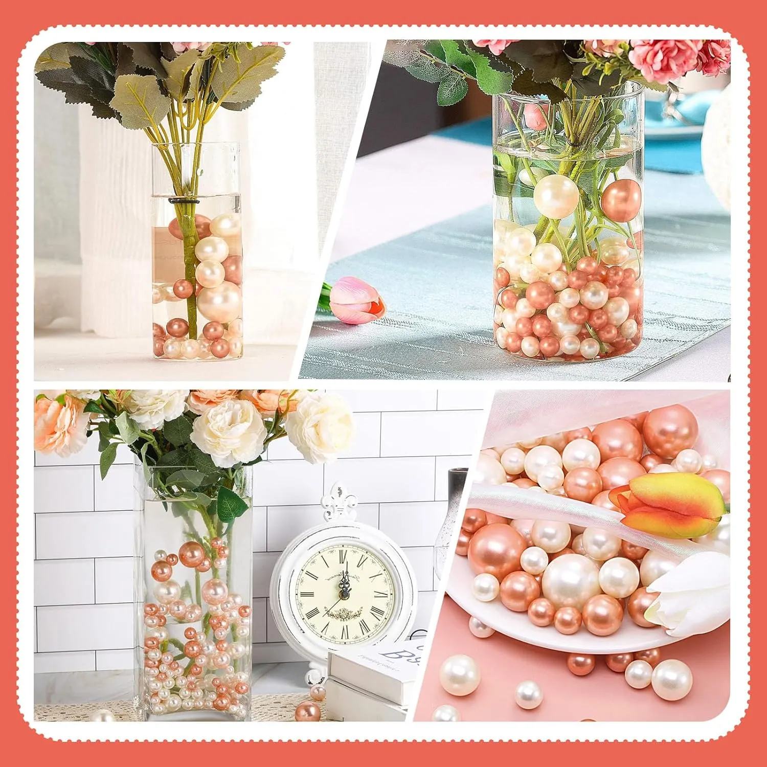 200 PCS Rose Gold White Vase Fillers, Pearls Bead for Centerpieces Vases, 10/14/20 MM No Hole Beads, Fake Pearls for Wedding Birthday Anniversary Theme Party Table Centerpieces Decor