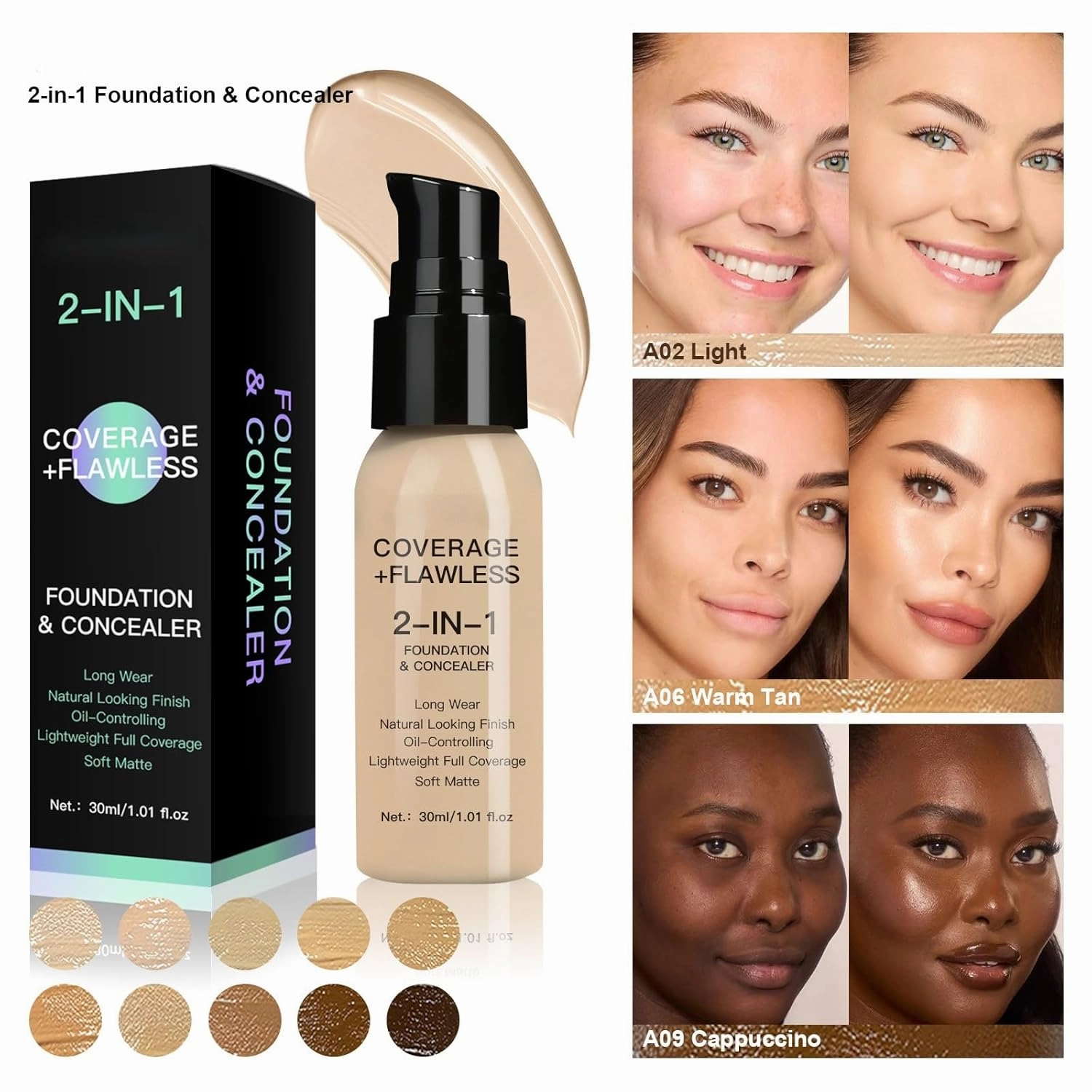 2-in-1 Oil-Control Longwear Foundation & Concealer – Full Coverage, Transfer-Proof & Skin-Perfecting (#A02 Light)