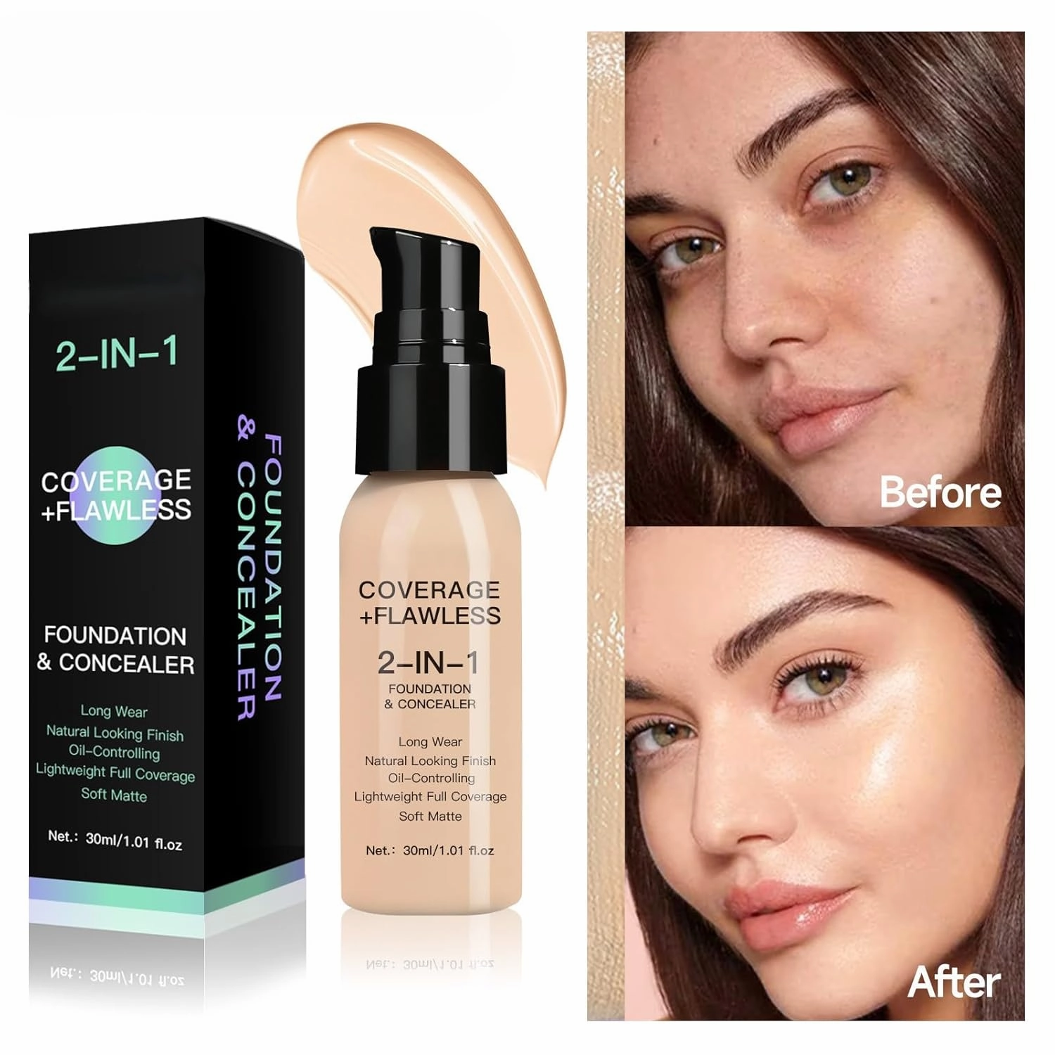2-in-1 Oil-Control Longwear Foundation & Concealer – Full Coverage, Transfer-Proof & Skin-Perfecting (#A02 Light)