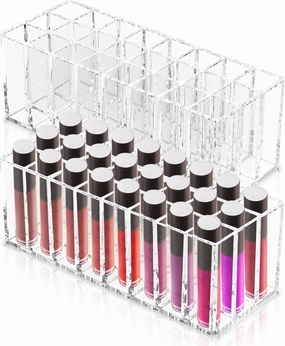 2 Pcs Acrylic Lipstick Organizer, Small Clear Compact Lip Gloss Chapstick Perfume Sample Mascara Holder 24 Slots Makeup Organizer Cosmetic Storage Display Case for Lipstick Tubes Lip Balm Makeup Brush