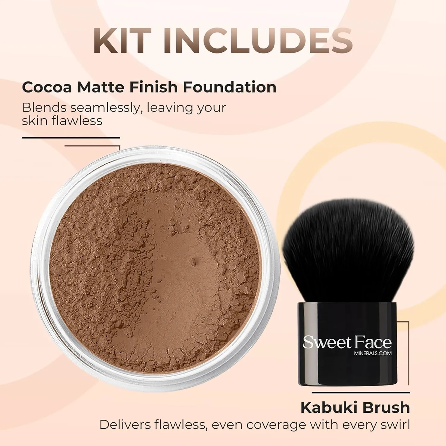 2pc FOUNDATION with KABUKI BRUSH Mineral Makeup (COCOA) Matte Loose Powder Bare Face Cosmetics Full Coverage Long Lasting All Skin Types SPF 18