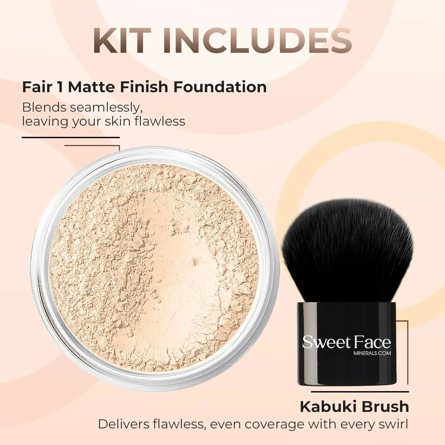 2pc FOUNDATION with KABUKI BRUSH Mineral Makeup (FAIR 1) Matte Loose Powder Bare Face Cosmetics Full Coverage Long Lasting All Skin Types SPF 18