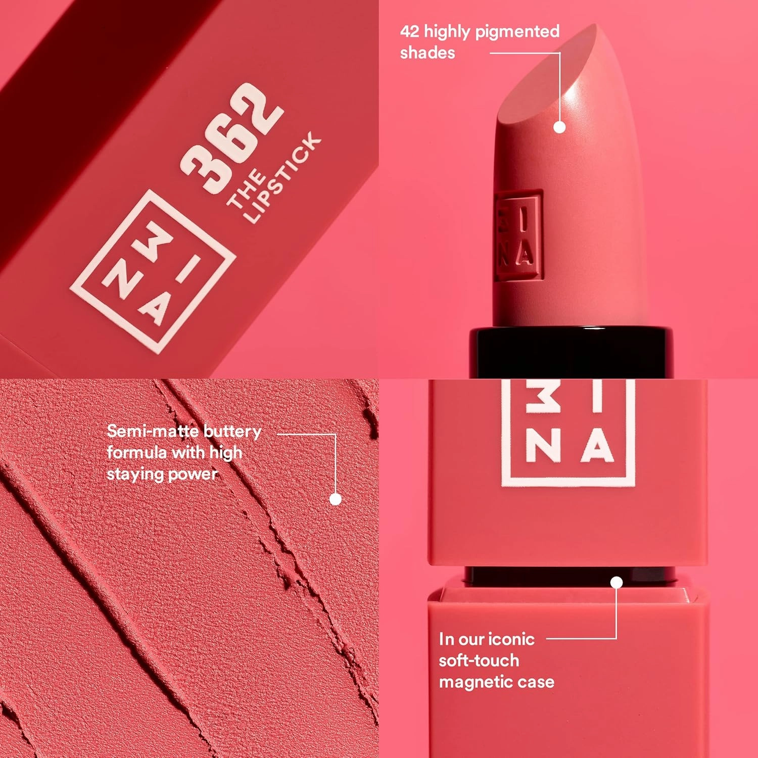 3INA The Lipstick 276 - Outstanding Shade Selection - Matte And Shiny Finishes - Highly Pigmented And Comfortable - Vegan And Cruelty Free Formula - Moisturizes The Lips - Shiny Dusty Red - 0.11 Oz