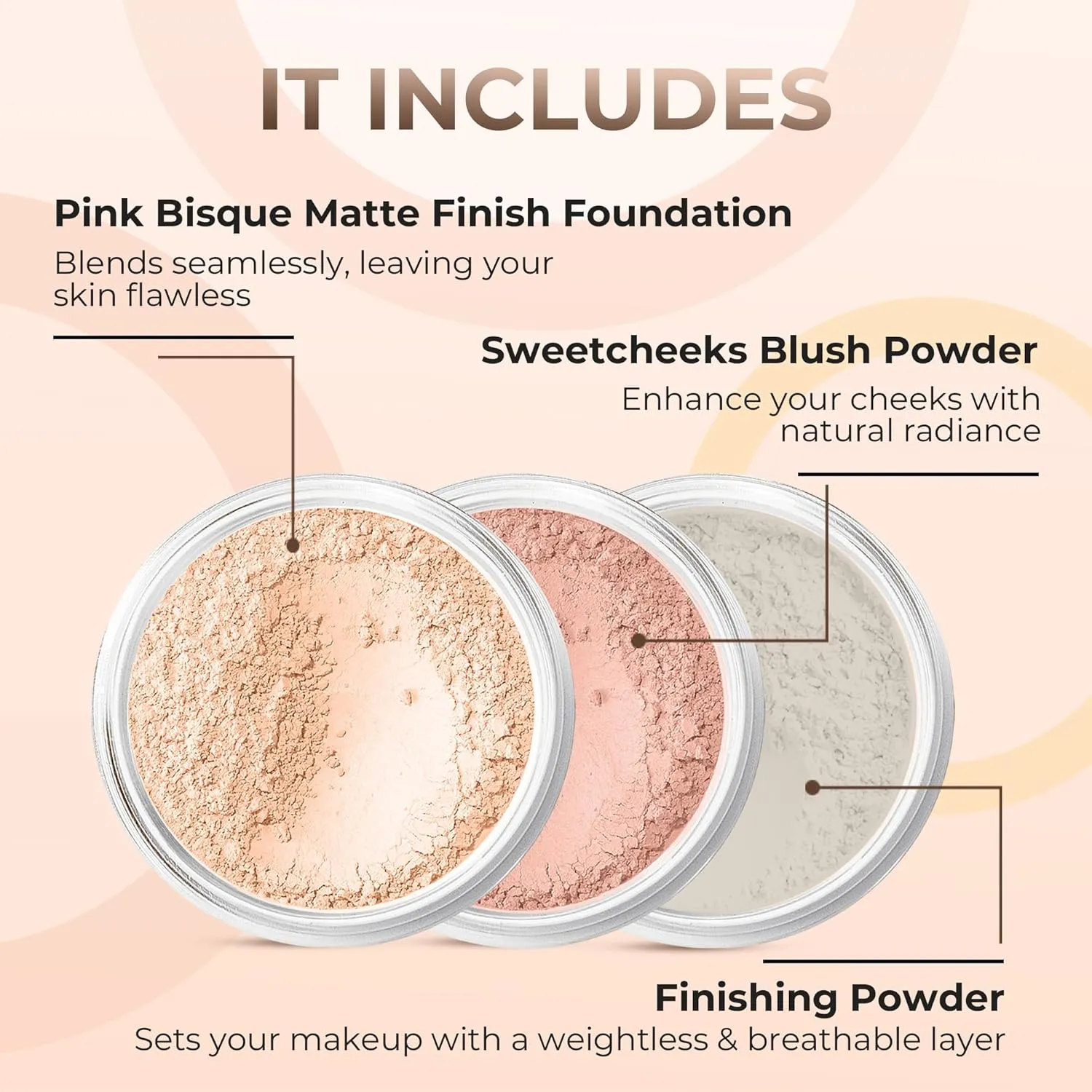 3pc FULL SIZE KIT (PINK BISQUE) Mineral Makeup Foundation Set Sheer Powder Bare Face Matte Cover