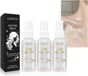 3Pcs Body Glitter Spray, Silver-white Body Shimmer Spray Sparkle Powder for Face Hair Body, Long Lasting and Quick-Drying Highlight Glitter for Wedding, Party, Stage, Music Festival and Daily Makeup
