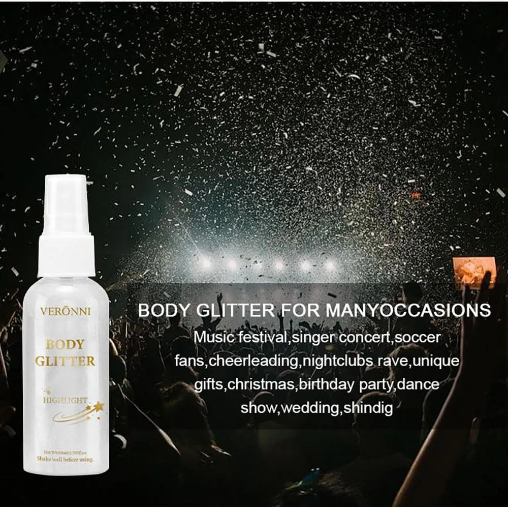 3Pcs Body Glitter Spray, Silver-white Body Shimmer Spray Sparkle Powder for Face Hair Body, Long Lasting and Quick-Drying Highlight Glitter for Wedding, Party, Stage, Music Festival and Daily Makeup