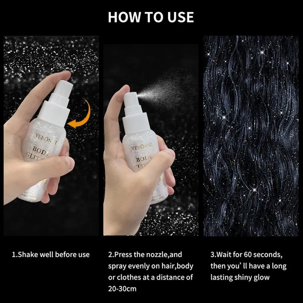 3Pcs Body Glitter Spray, Silver-white Body Shimmer Spray Sparkle Powder for Face Hair Body, Long Lasting and Quick-Drying Highlight Glitter for Wedding, Party, Stage, Music Festival and Daily Makeup