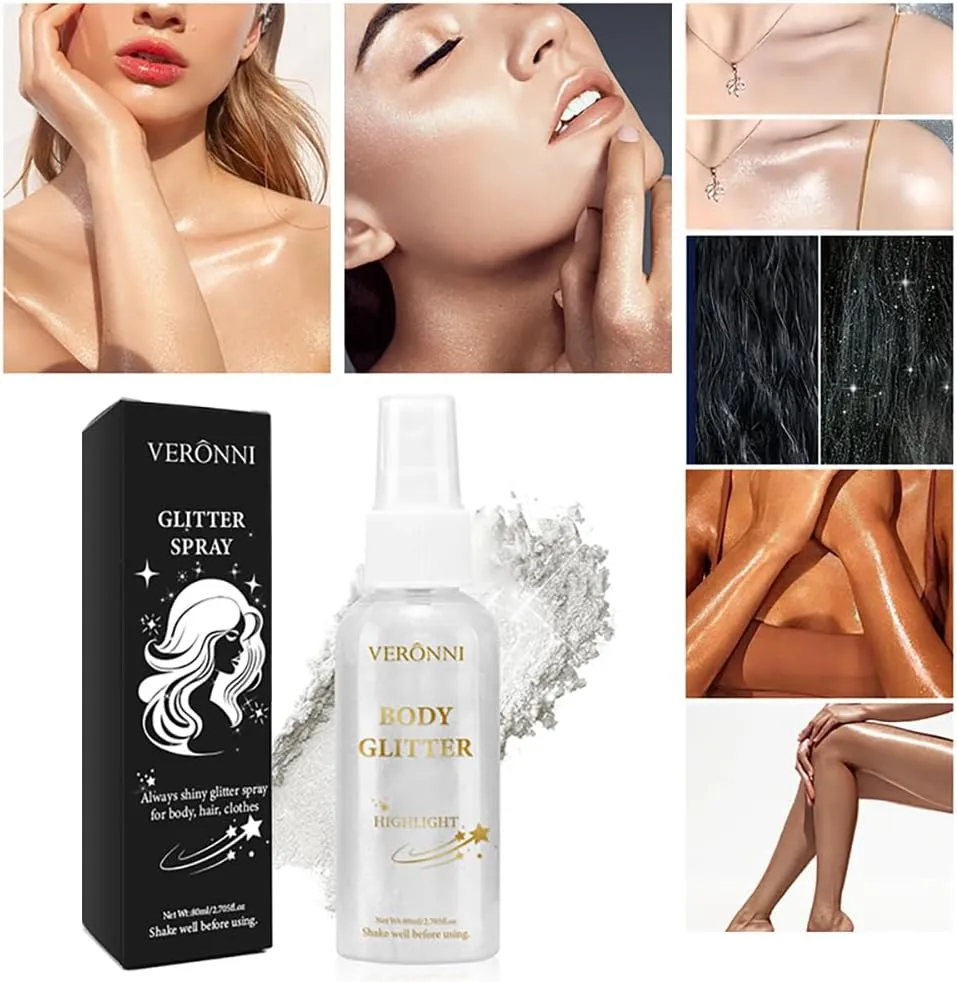 3Pcs Body Glitter Spray, Silver-white Body Shimmer Spray Sparkle Powder for Face Hair Body, Long Lasting and Quick-Drying Highlight Glitter for Wedding, Party, Stage, Music Festival and Daily Makeup