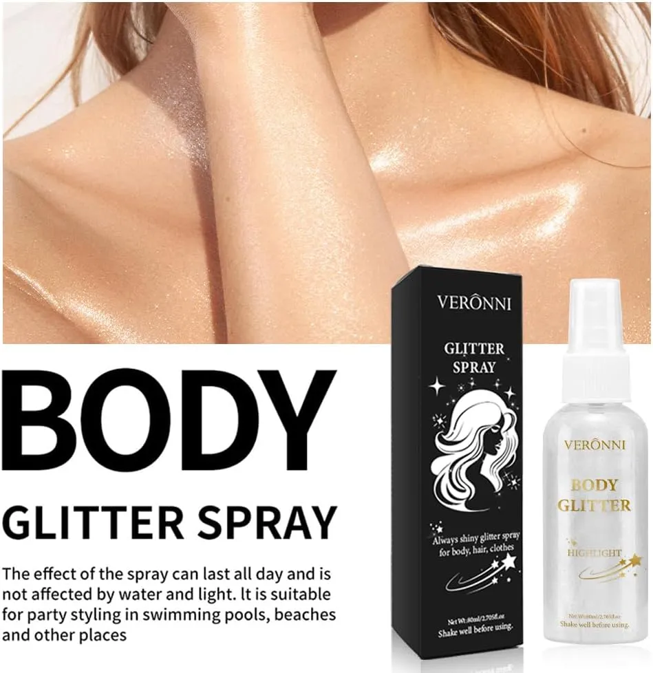 3Pcs Body Glitter Spray, Silver-white Body Shimmer Spray Sparkle Powder for Face Hair Body, Long Lasting and Quick-Drying Highlight Glitter for Wedding, Party, Stage, Music Festival and Daily Makeup