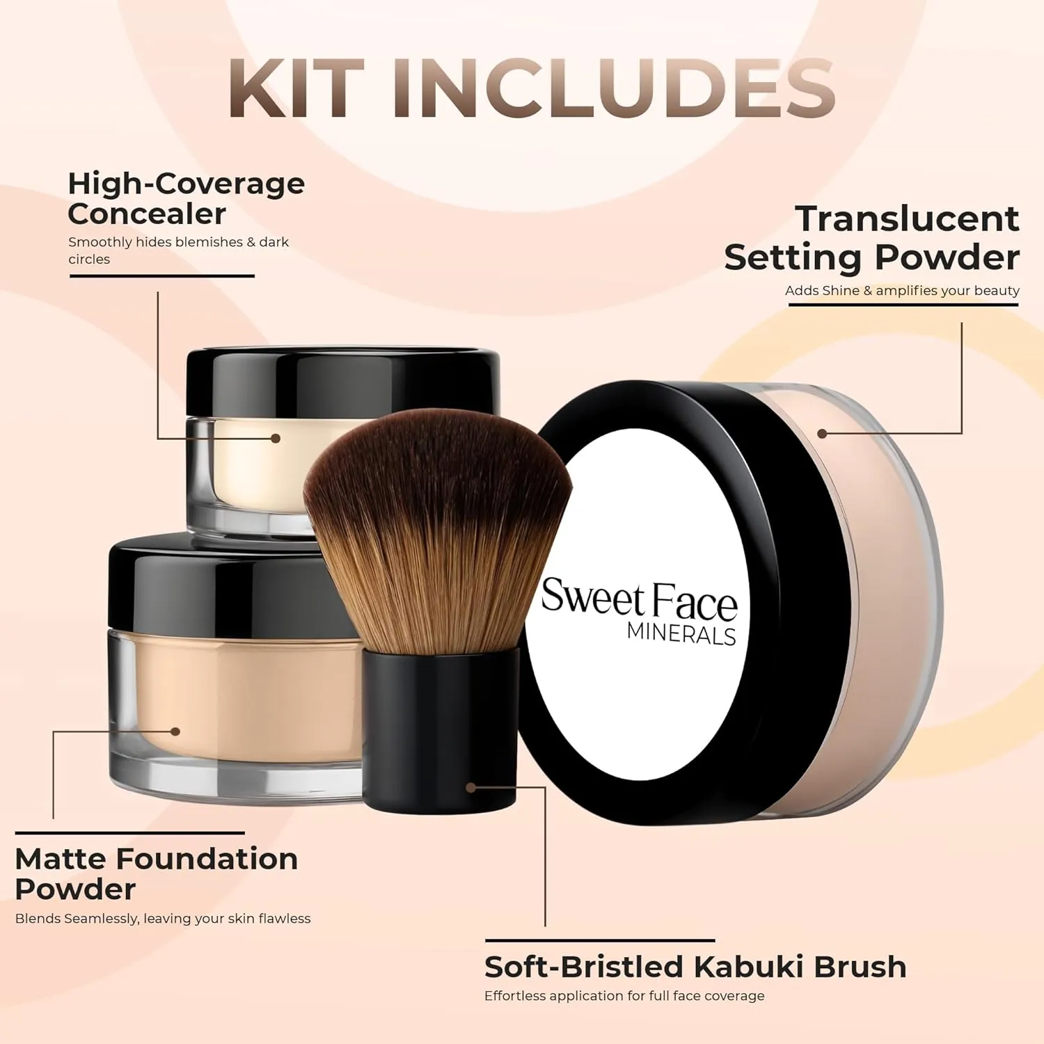4pc Full Size Kit (Fair 2) Mineral Makeup Matte Translucent Loose Foundation   Kabuki Brush   Concealer   Finishing Setting Powder   Bare Face Full Coverage SPF 30 All Skin Types Waterproof