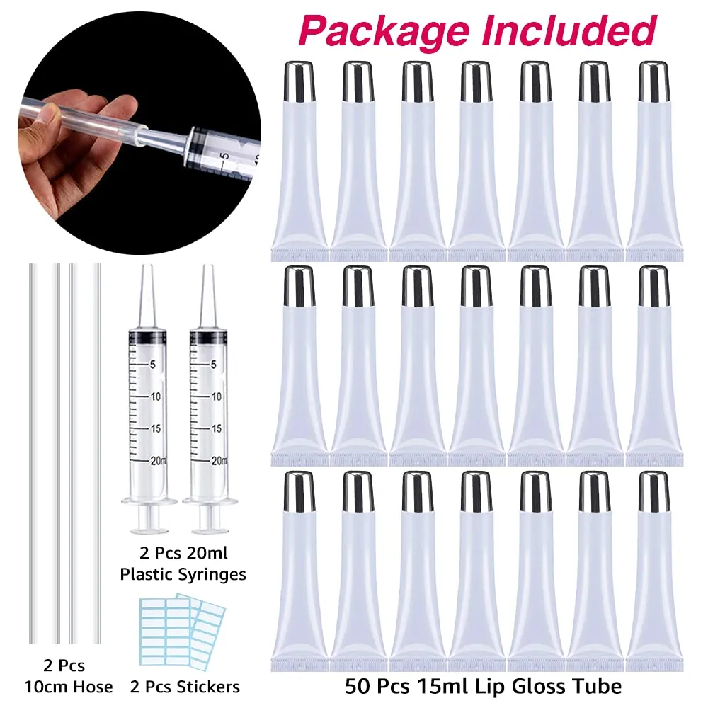 50PCS Lip Gloss Tubes 15ml Silver Cap Lip Gloss Containers Empty Lip Balm Tubes Refillable Cosmetic Squeeze Lipgloss Tubes   2 x 20ml Syringes Tag Labels Stickers for DIY Lip Gloss Base Glitter