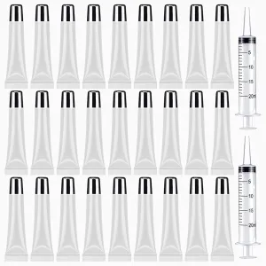 50PCS Lip Gloss Tubes 15ml Silver Cap Lip Gloss Containers Empty Lip Balm Tubes Refillable Cosmetic Squeeze Lipgloss Tubes   2 x 20ml Syringes Tag Labels Stickers for DIY Lip Gloss Base Glitter