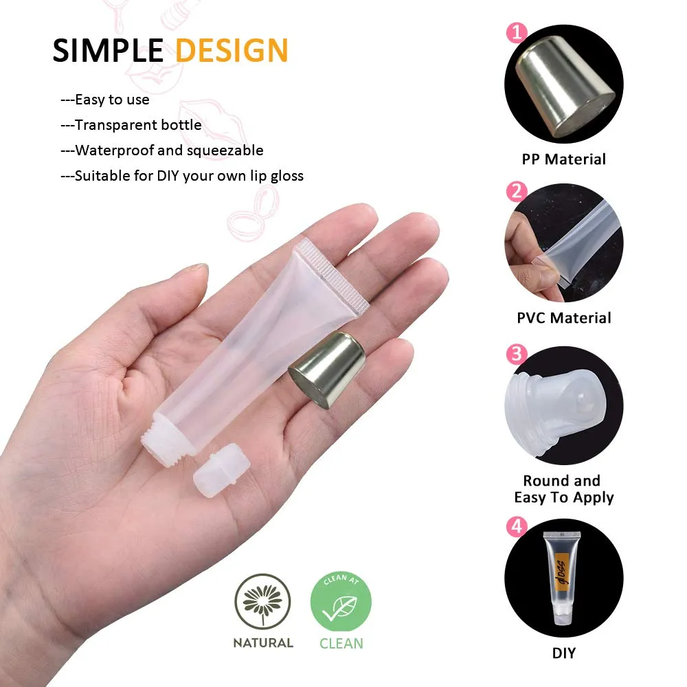 50PCS Lip Gloss Tubes 15ml Silver Cap Lip Gloss Containers Empty Lip Balm Tubes Refillable Cosmetic Squeeze Lipgloss Tubes   2 x 20ml Syringes Tag Labels Stickers for DIY Lip Gloss Base Glitter