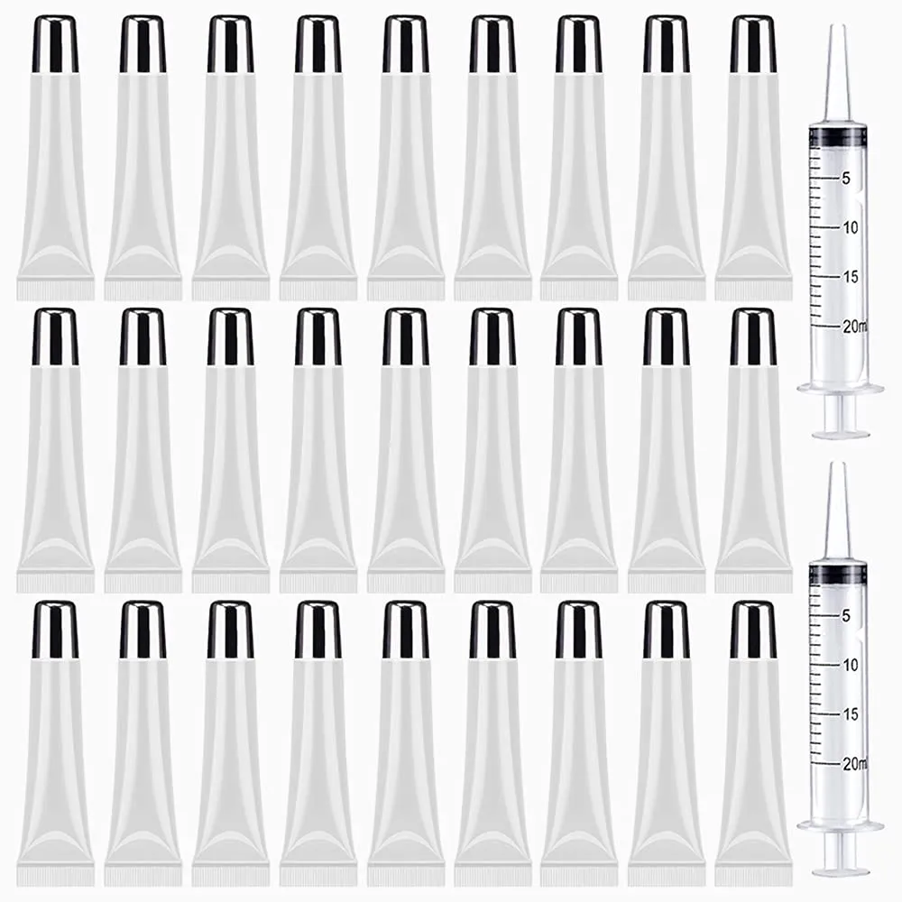 50PCS Lip Gloss Tubes 15ml Silver Cap Lip Gloss Containers Empty Lip Balm Tubes Refillable Cosmetic Squeeze Lipgloss Tubes   2 x 20ml Syringes Tag Labels Stickers for DIY Lip Gloss Base Glitter