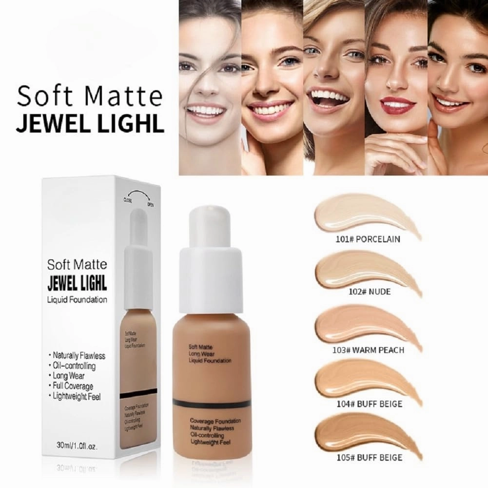 5 Colors Liquid Foundation with Concealer, Brightening, Moisturizing, Oil Control (Porcelain, 1)