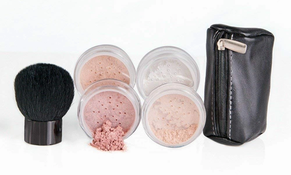 6pc FULL SIZE KIT KABUKI & KABAGGIE Tote Mineral Makeup Set Matte Foundation Bare Face Sheer Powder Cover (Pink Bisque)