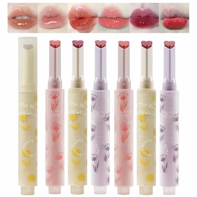 6pcs Flower Jelly Lipstick Set, 6 Colors Heart Shape Moisturizing Lip Glaze, Glossy Hydrating Lip Gloss, Mirror Effect Lip Balm Makeup Pen for Fuller Lips