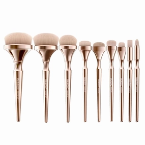 9Pcs Makeup Brushes Set Professional Synthetic Bristles for Liquid Foundation Blending Nose Contouring Blusher Powder Highlighter Concealer Eye Shadow Golden