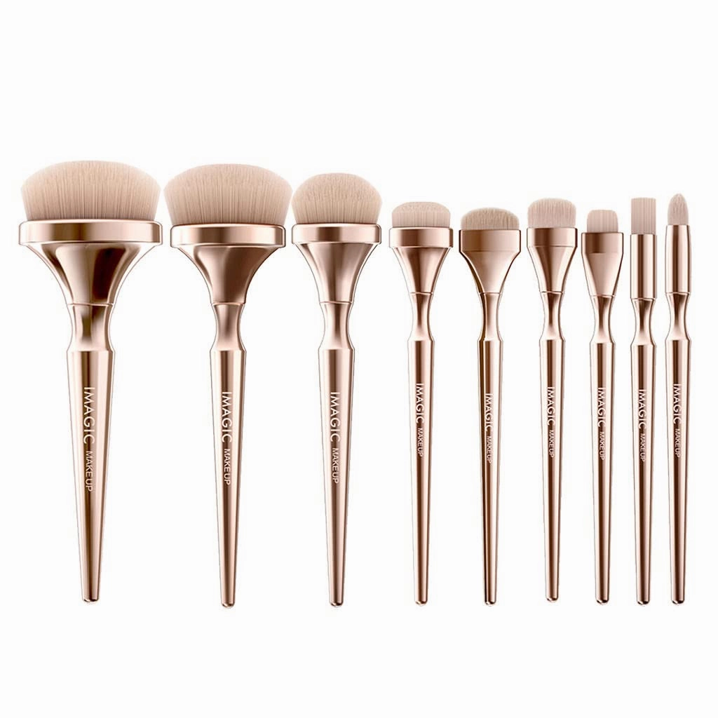 9Pcs Makeup Brushes Set Professional Synthetic Bristles for Liquid Foundation Blending Nose Contouring Blusher Powder Highlighter Concealer Eye Shadow Golden
