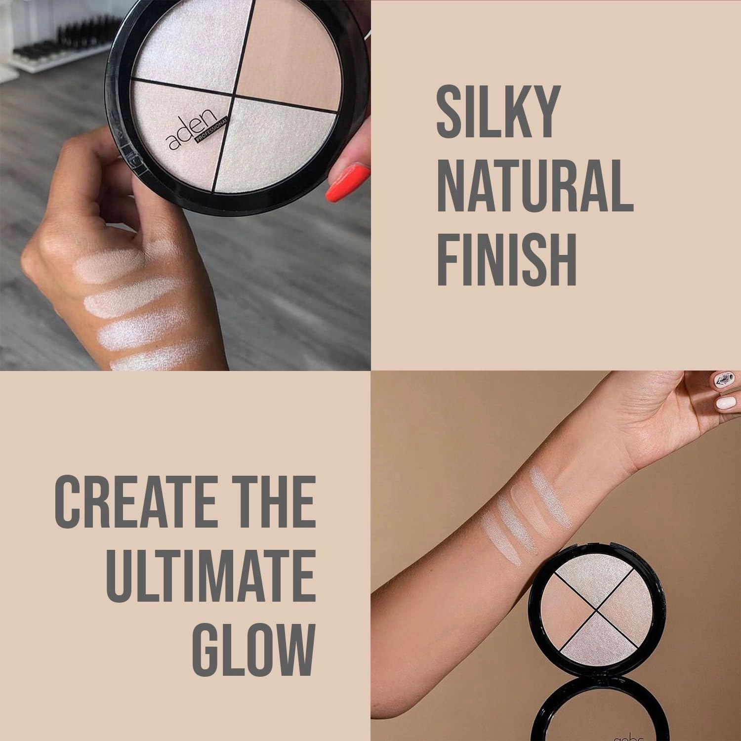 Aden 4 highlighter palette makeup – 22gr – Natural & Durable Quality– Light Coverage & Inner Glow – MADE IN ITALY (Highlighter Palette)