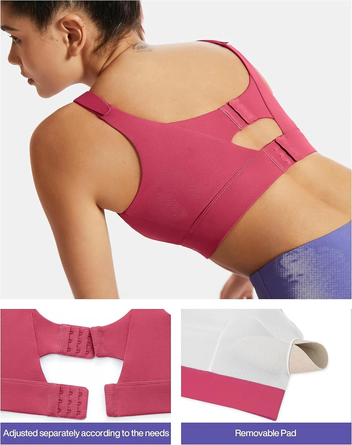 Adjustable High Impact Sports Bras for Women Zip Front Full Coverage and Lift Padded Compression Tops