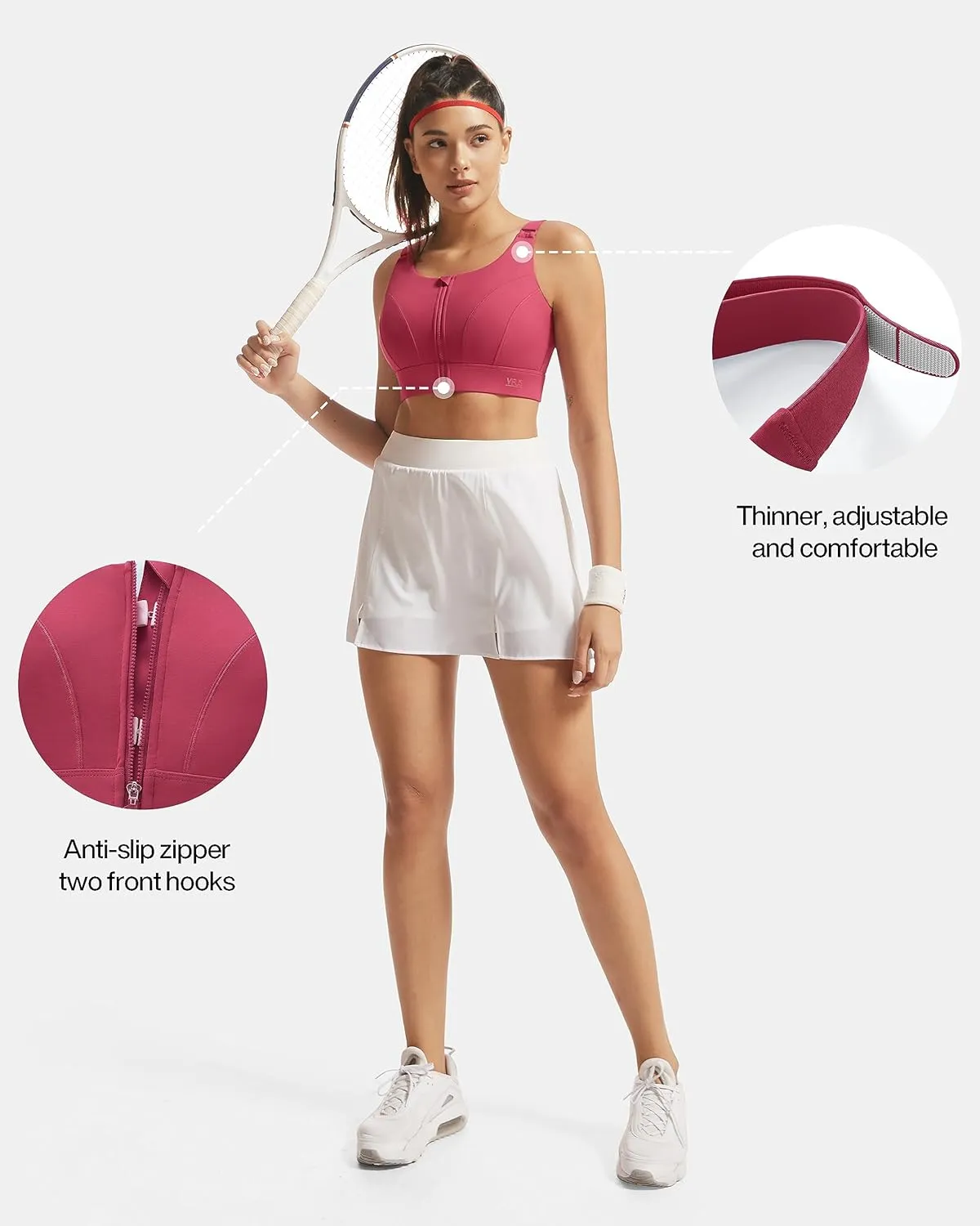 Adjustable High Impact Sports Bras for Women Zip Front Full Coverage and Lift Padded Compression Tops