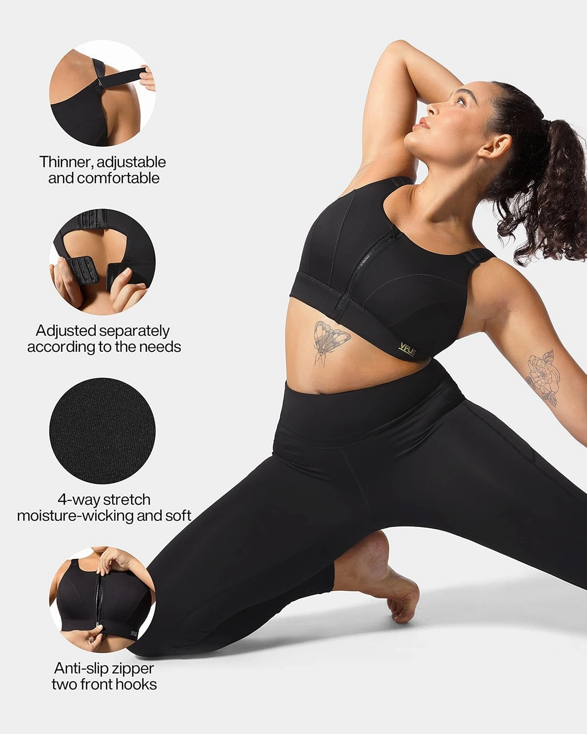 Adjustable High Impact Sports Bras for Women Zip Front Full Coverage and Lift Padded Compression Tops