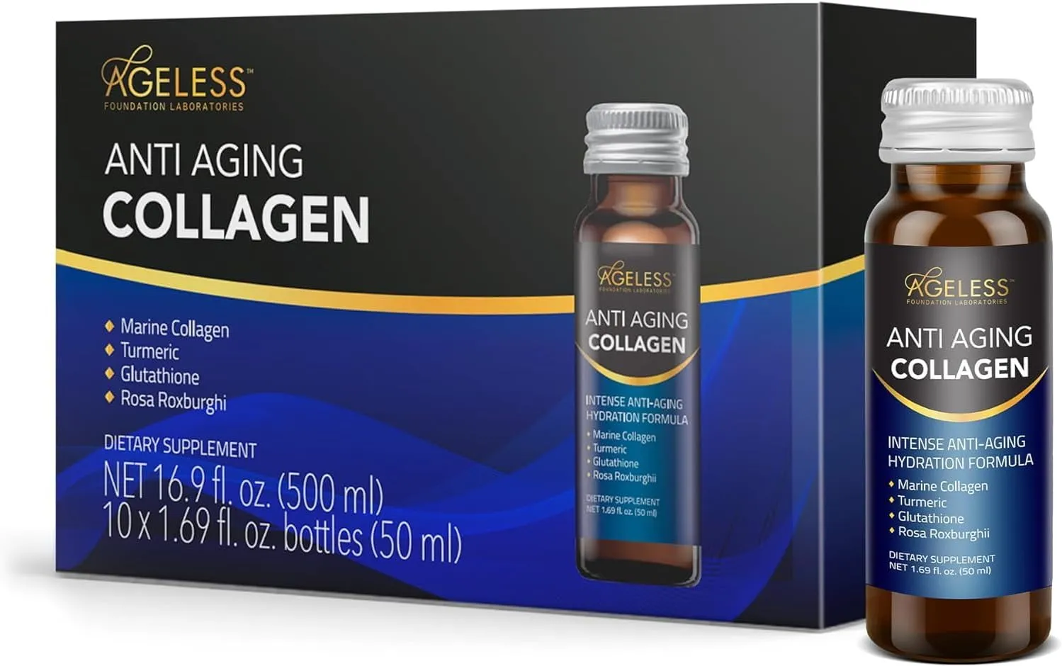 Ageless Ultra Anti Aging Liquid Collagen for Men & Women, Marine Collagen, Turmeric, Glutathione, and Rosa Roxburghii, Multi Vitamins, Skincare, Hydrating & Revitalizing Formula - 50 ml (30 Count)
