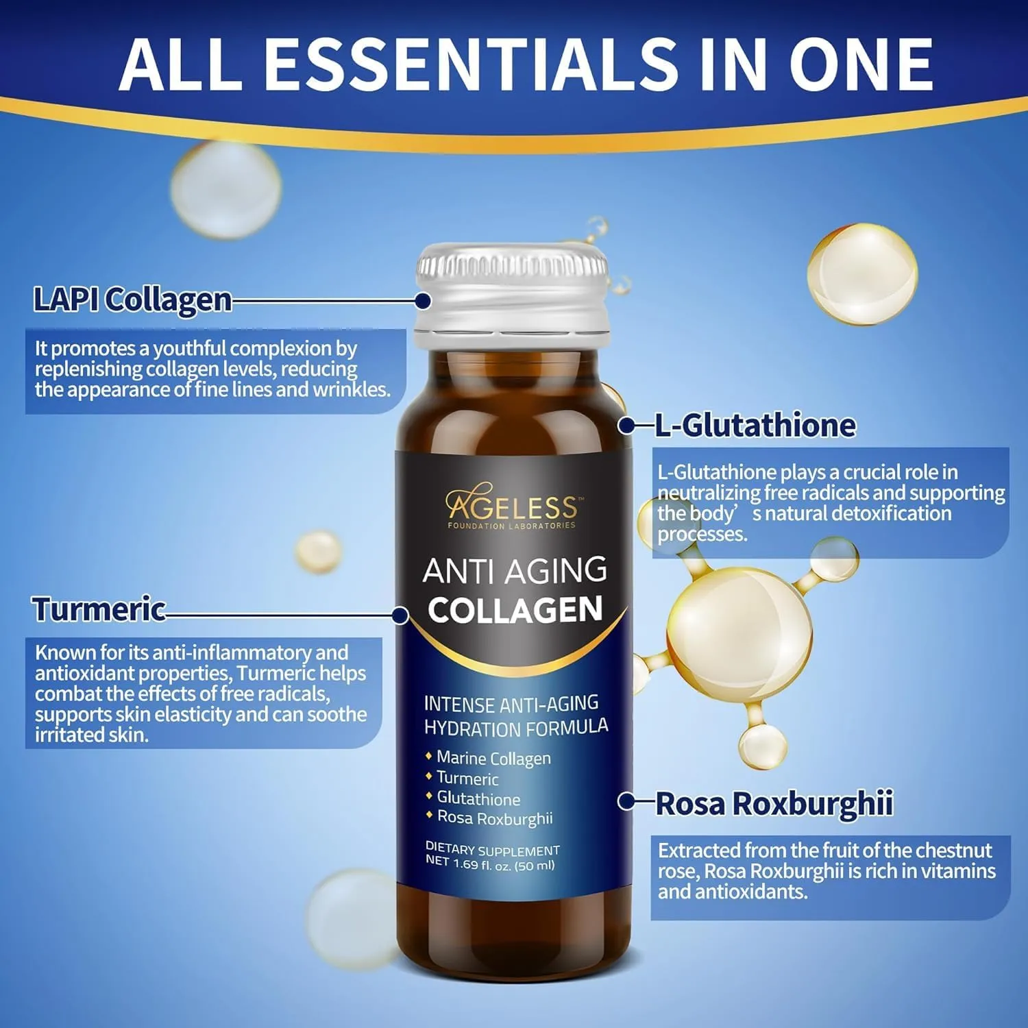 Ageless Ultra Anti Aging Liquid Collagen for Men & Women, Marine Collagen, Turmeric, Glutathione, and Rosa Roxburghii, Multi Vitamins, Skincare, Hydrating & Revitalizing Formula - 50 ml (30 Count)