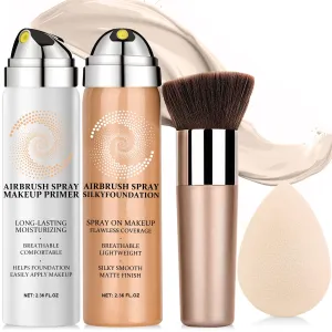 AirBrush Foundation Spray With Airbrush Primer, Silky Mist Foundation Spray Makeup, Full Coverage Foundation for Smooth Radiant, Formula Breathable Lightweight Hydrating (04 Porcelain)