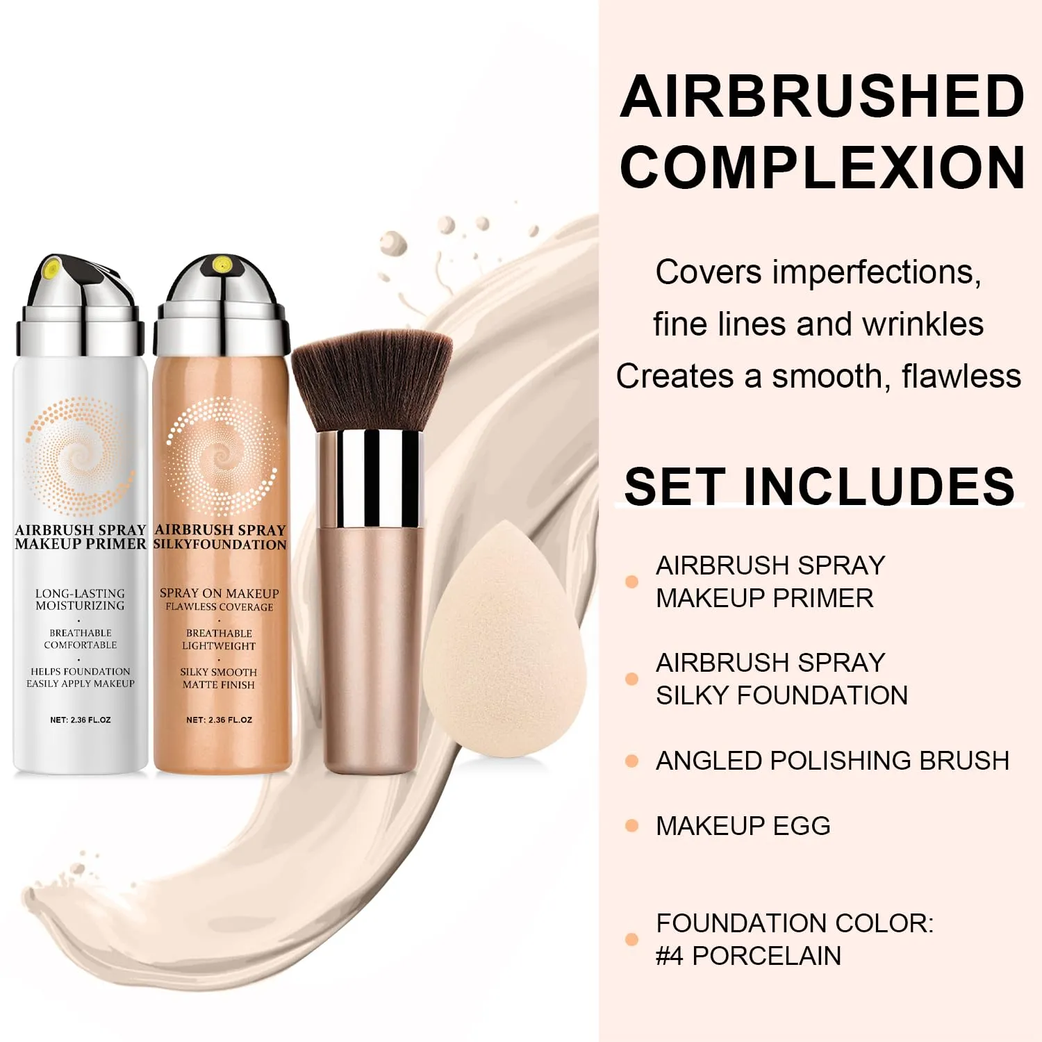 AirBrush Foundation Spray With Airbrush Primer, Silky Mist Foundation Spray Makeup, Full Coverage Foundation for Smooth Radiant, Formula Breathable Lightweight Hydrating (04 Porcelain)