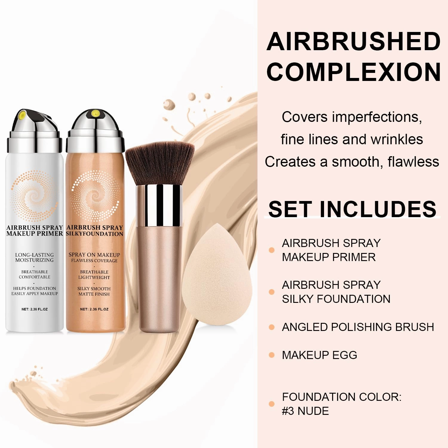 AirBrush Foundation Spray With Airbrush Primer, Silky Mist Foundation Spray Makeup, Full Coverage Foundation for Smooth Radiant, Formula Breathable Lightweight Hydrating (03 Nude)