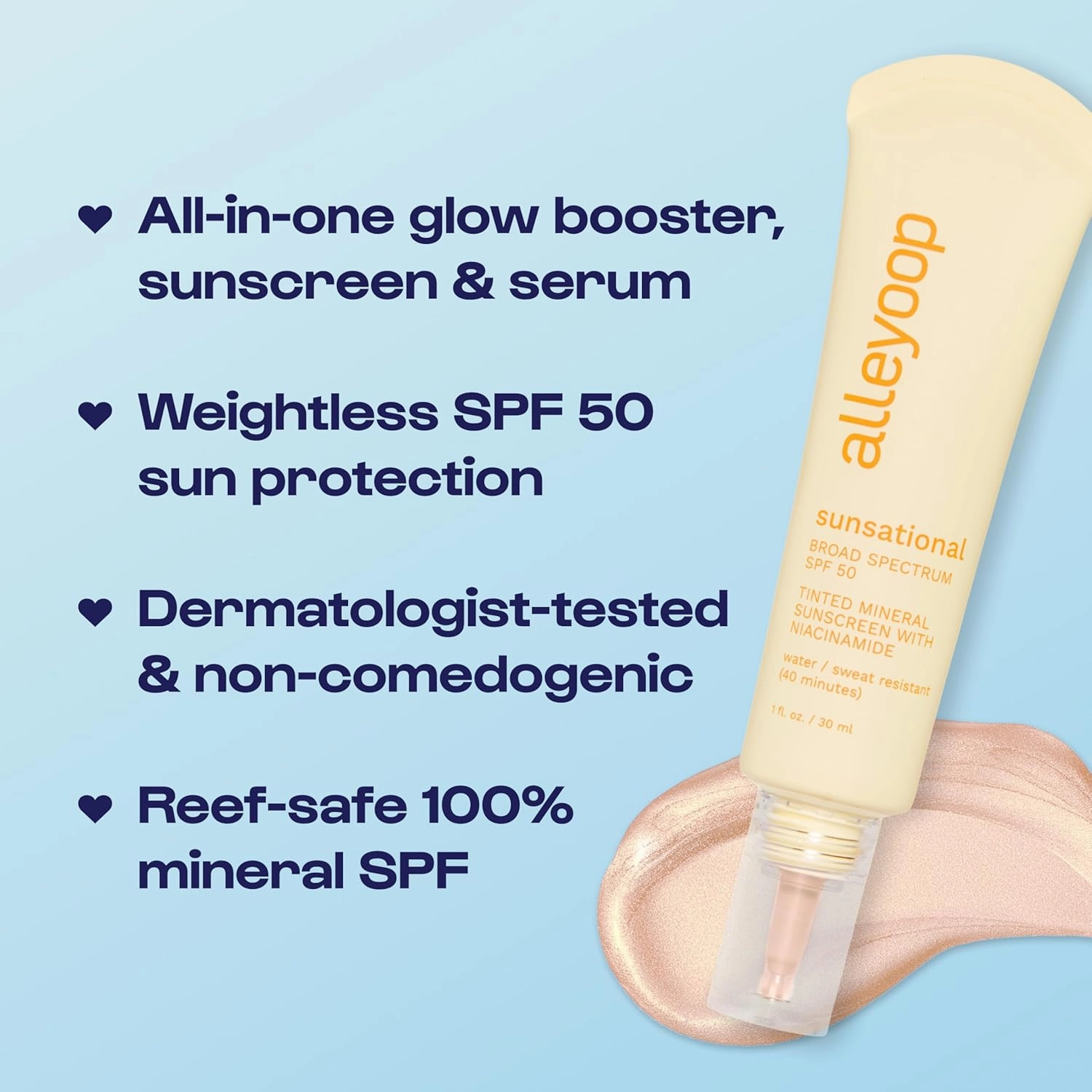 Alleyoop Sunsational Tinted Moisturizer SPF 50 for Face Broad Spectrum – 100% Mineral Face Sunscreen with Jojoba, Hydrating & Soothing Tinted Sunscreen, Vegan & Cruelty-Free (Luster)