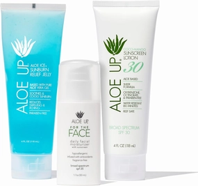 Aloe Up Aloe Ice Sunburn Relief Jelly, SPF 25 For the Face Daily Moisturizer Sunscreen, and White Collection Sunscreen Lotion SPF 30 - Bundle with Sunscreen and After Sun Gel - Reef Friendly - 3 Items