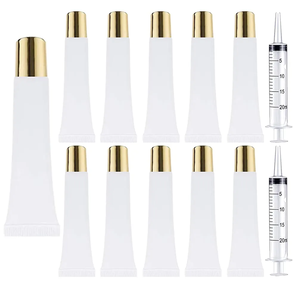 AMORIX 50PCS Lip Gloss Tubes 15ml Gold Cap Lip Gloss Containers Empty Lip Balm Tubes Refillable Cosmetic Squeeze Lipgloss Tubes   2 x 20ml Syringes Tag Labels for DIY Lip Gloss Base Glitter