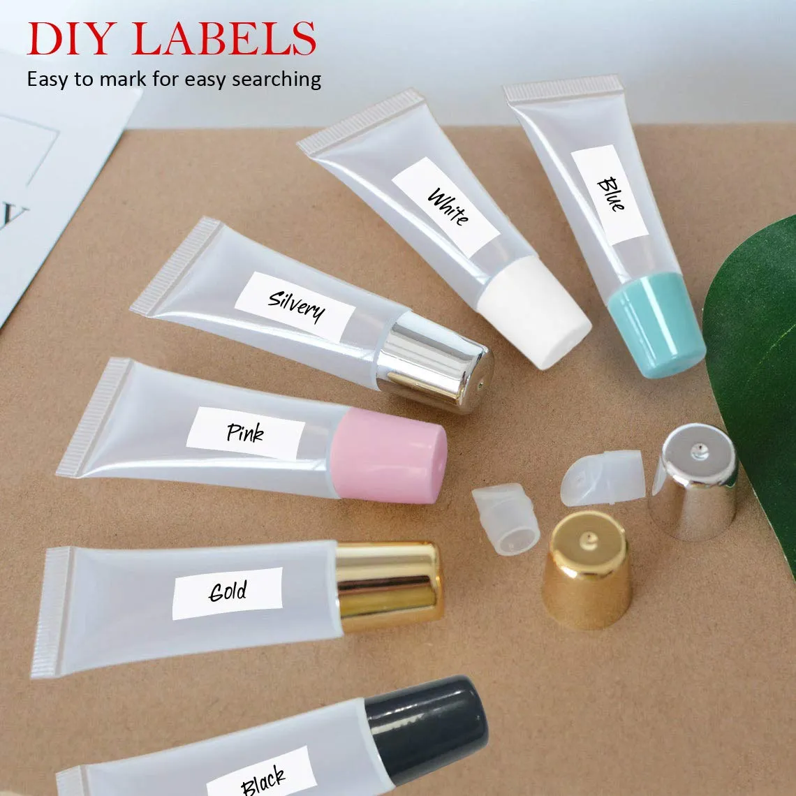 AMORIX 50PCS Lip Gloss Tubes 15ml Gold Cap Lip Gloss Containers Empty Lip Balm Tubes Refillable Cosmetic Squeeze Lipgloss Tubes   2 x 20ml Syringes Tag Labels for DIY Lip Gloss Base Glitter